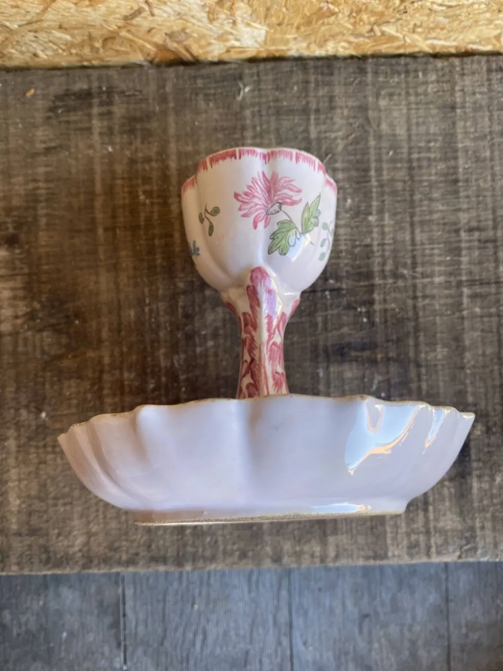Coquetier Ancien Sur Pied Céramique Décor Fleurs Rose Vintage #D984