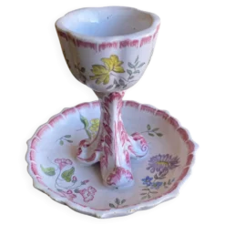 Coquetier Ancien Sur Pied Céramique Décor Fleurs Rose Vintage #D984