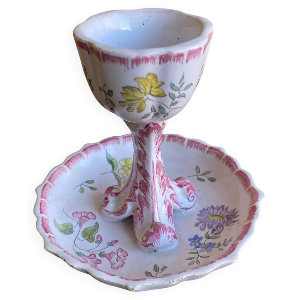 Coquetier Ancien Sur Pied Céramique Décor Fleurs Rose Vintage #D984