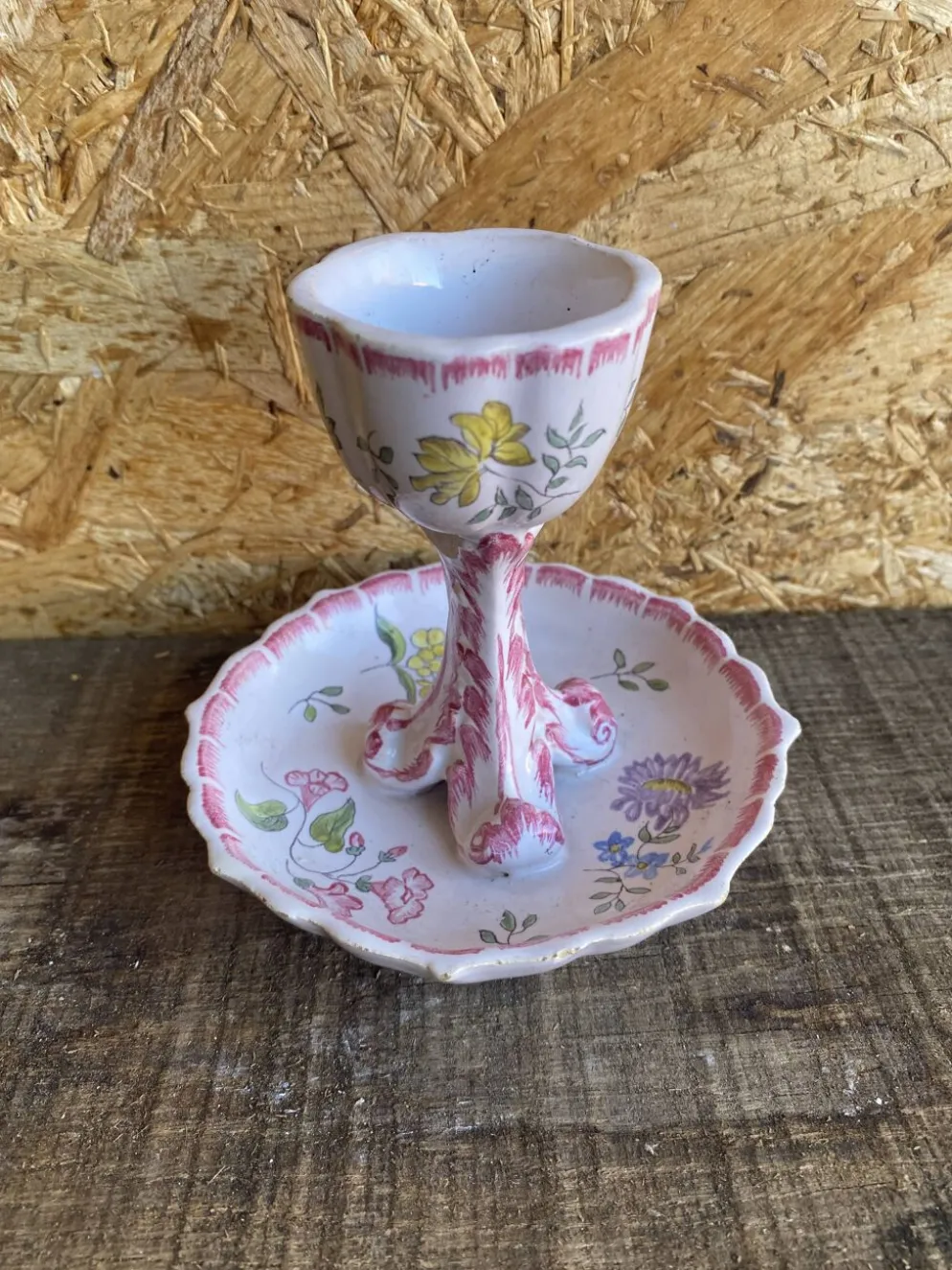 Coquetier Ancien Sur Pied Céramique Décor Fleurs Rose Vintage #D984