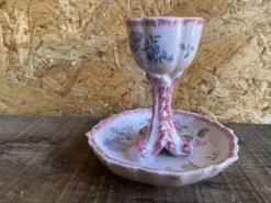 Coquetier Ancien Sur Pied Céramique Décor Fleurs Rose Vintage #D984