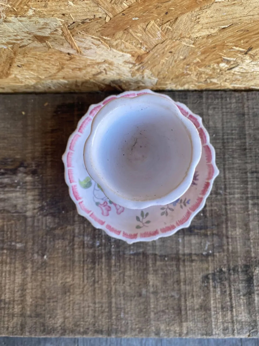 Coquetier Ancien Sur Pied Céramique Décor Fleurs Rose Vintage #D984