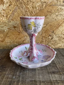 Coquetier Ancien Sur Pied Céramique Décor Fleurs Rose Vintage #D984