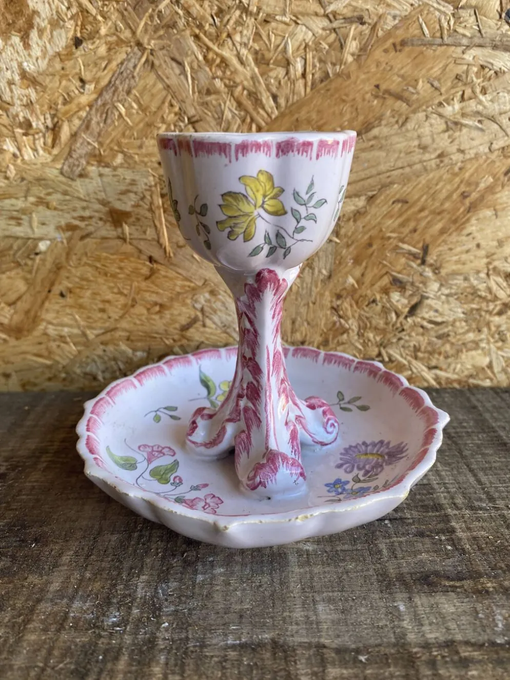 Coquetier Ancien Sur Pied Céramique Décor Fleurs Rose Vintage #D984