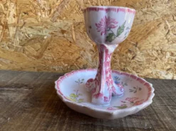 Coquetier Ancien Sur Pied Céramique Décor Fleurs Rose Vintage #D984