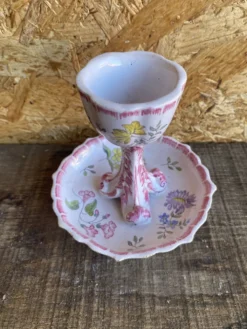 Coquetier Ancien Sur Pied Céramique Décor Fleurs Rose Vintage #D984