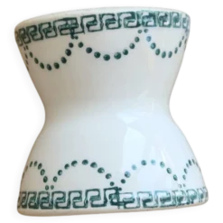 Coquetier diabolo ancien en terre de fer ivoire et motif vert