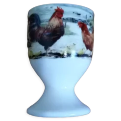 Coquetier faience blanche décor poule coq et poussins