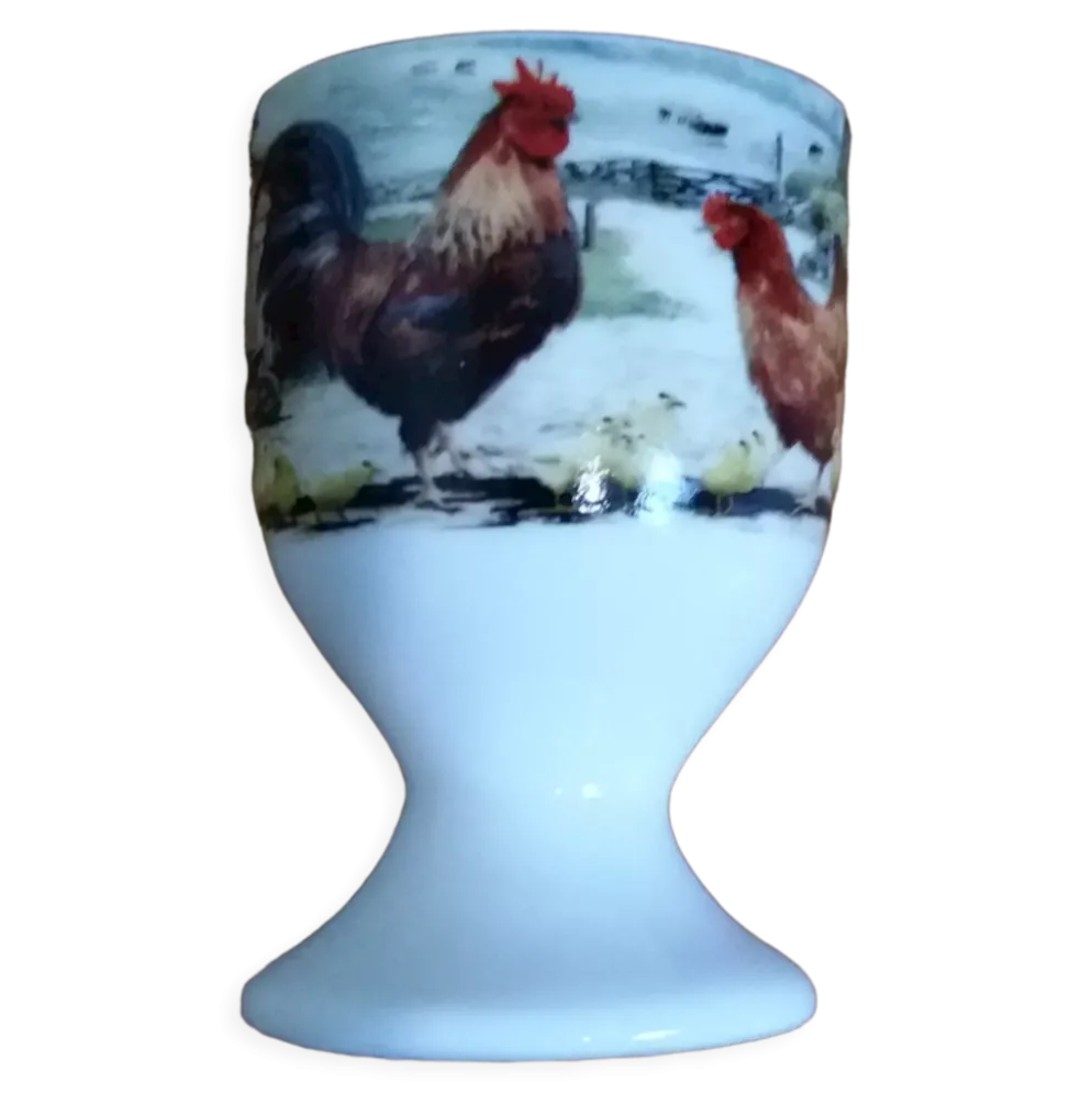 Coquetier faience blanche décor poule coq et poussins