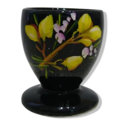 Coquetier noir décor floral peint à la main