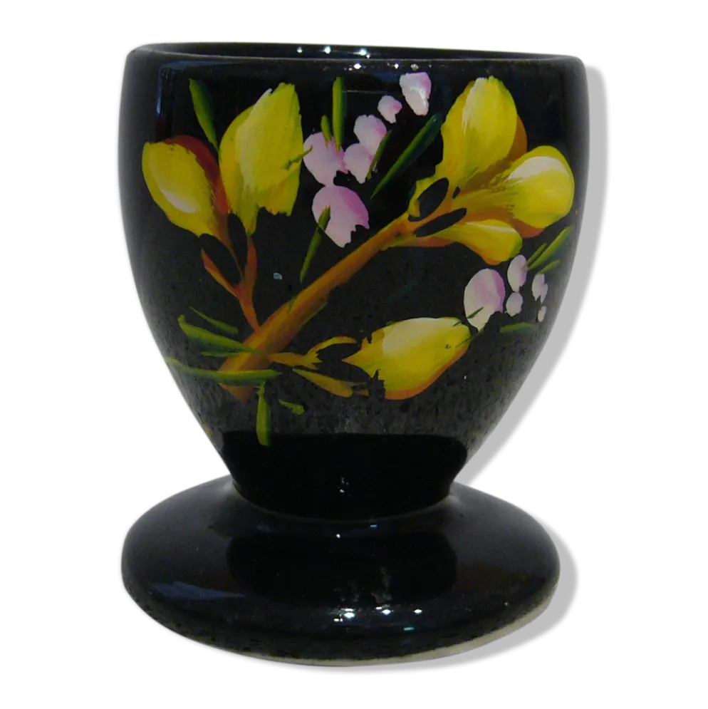 Coquetier noir décor floral peint à la main