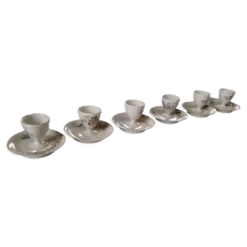 6 coquetiers fleuris avec leur coupelle début XXe en porcelaine