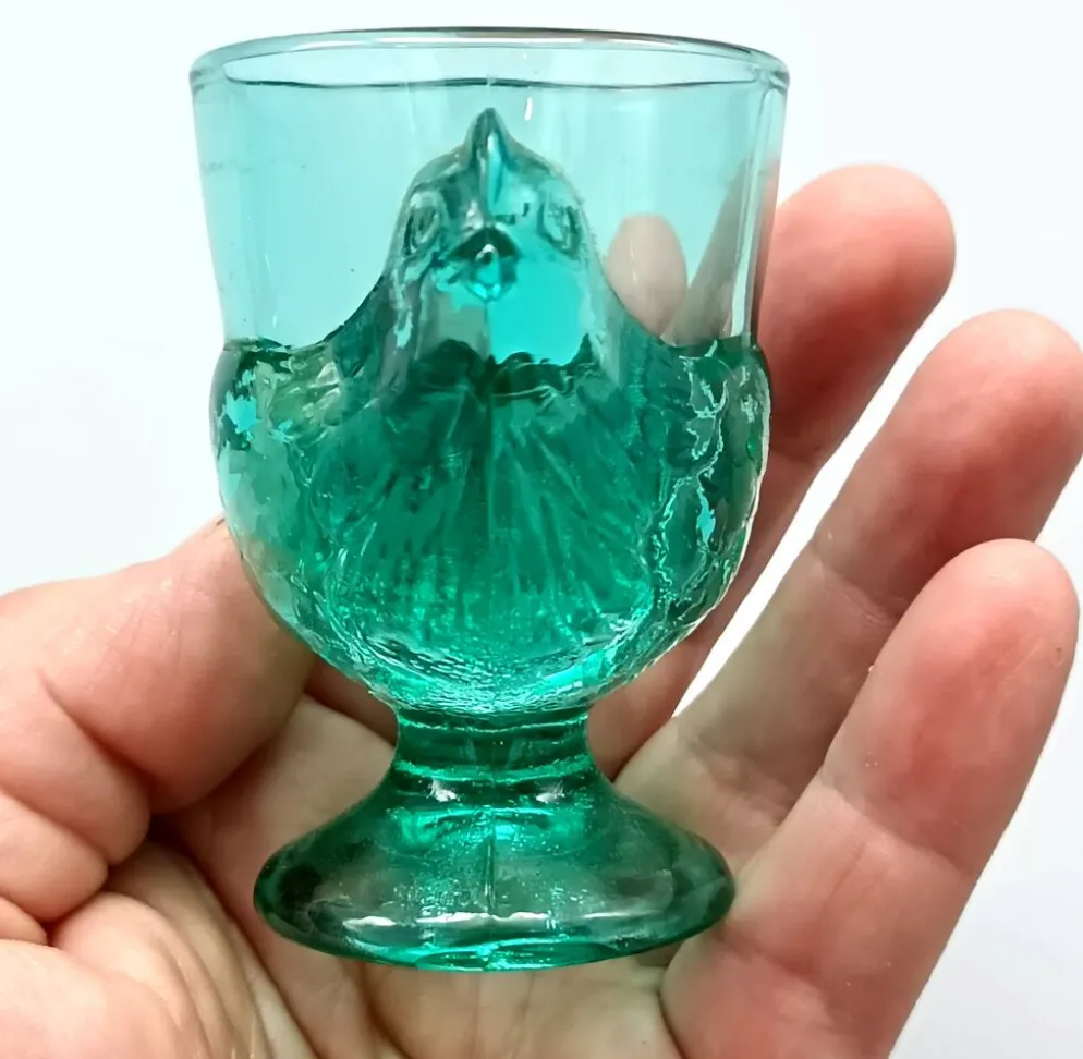 3 coquetiers français vintage verre turquoise forme poule luminarc