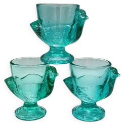 3 coquetiers français vintage verre turquoise forme poule luminarc