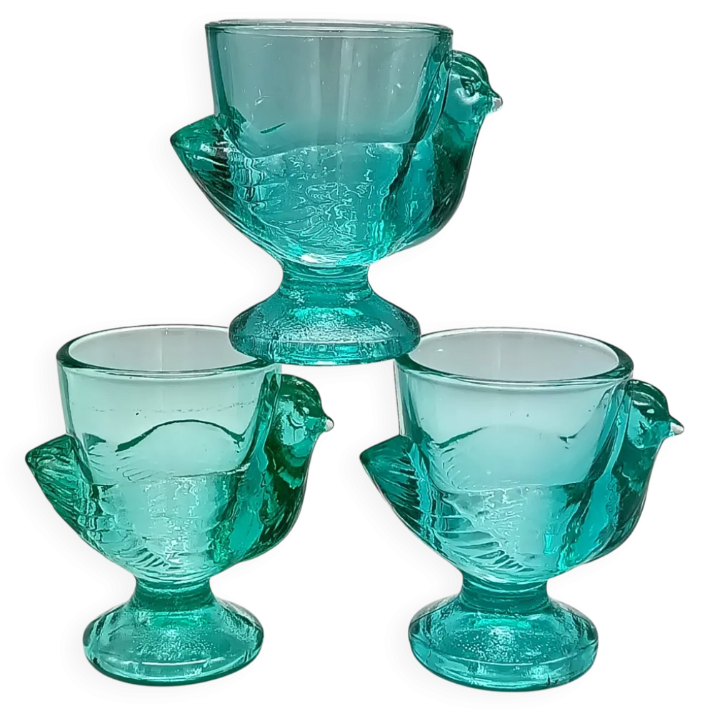 3 coquetiers français vintage verre turquoise forme poule luminarc