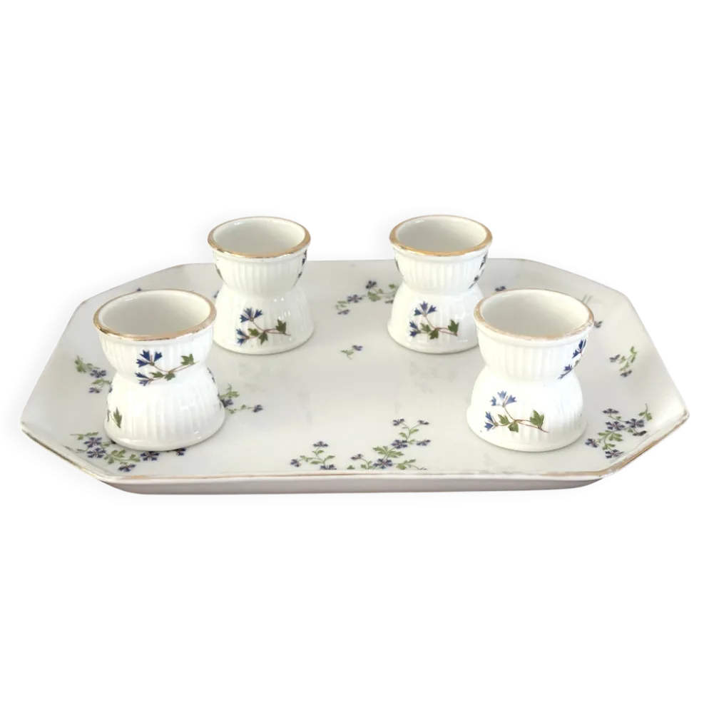 Coquetiers sur plateau en porcelaine de Limoges Bernardaud décor barbeau