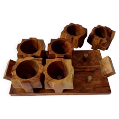 6 coquetiers vintage sur plateau en bois d'olivier France