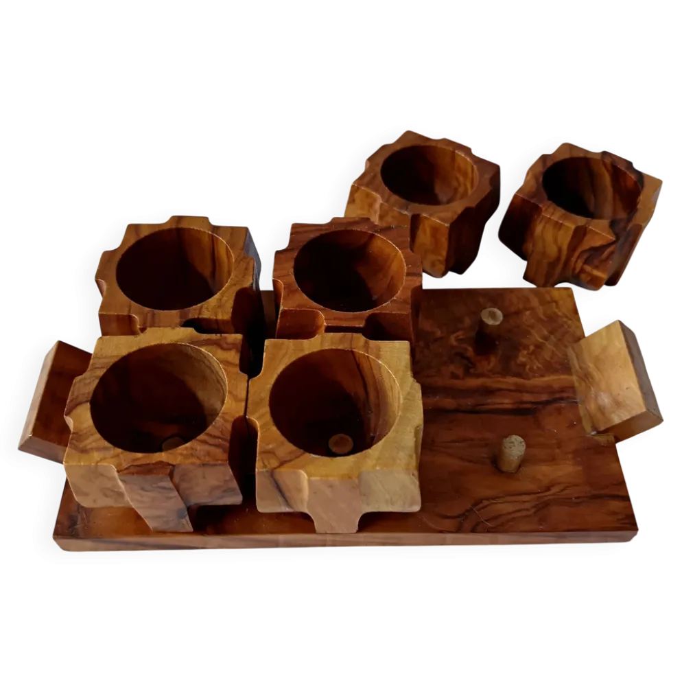 6 coquetiers vintage sur plateau en bois d'olivier France