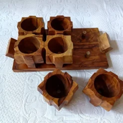 6 coquetiers vintage sur plateau en bois d'olivier France