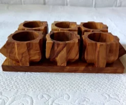 6 coquetiers vintage sur plateau en bois d'olivier France