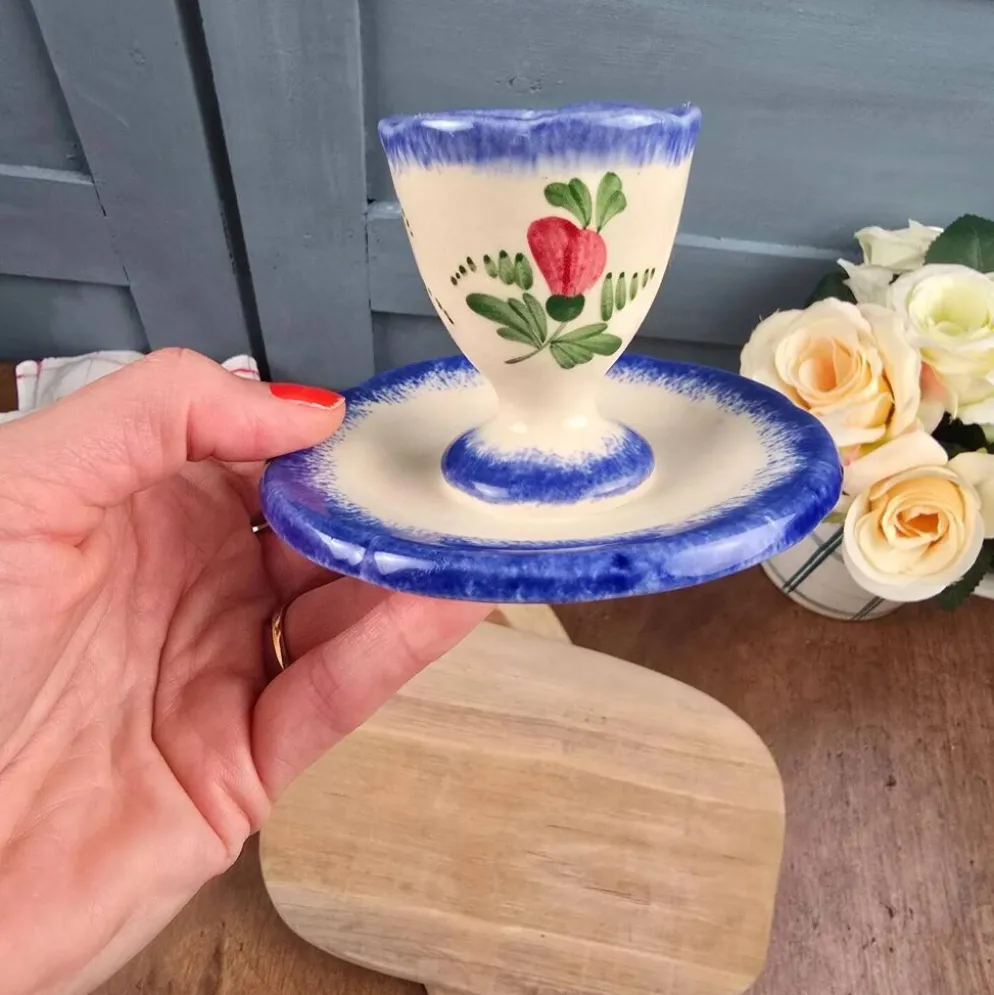 Coquetier vintage avec coupelle – Fait main – Décor floral bleu