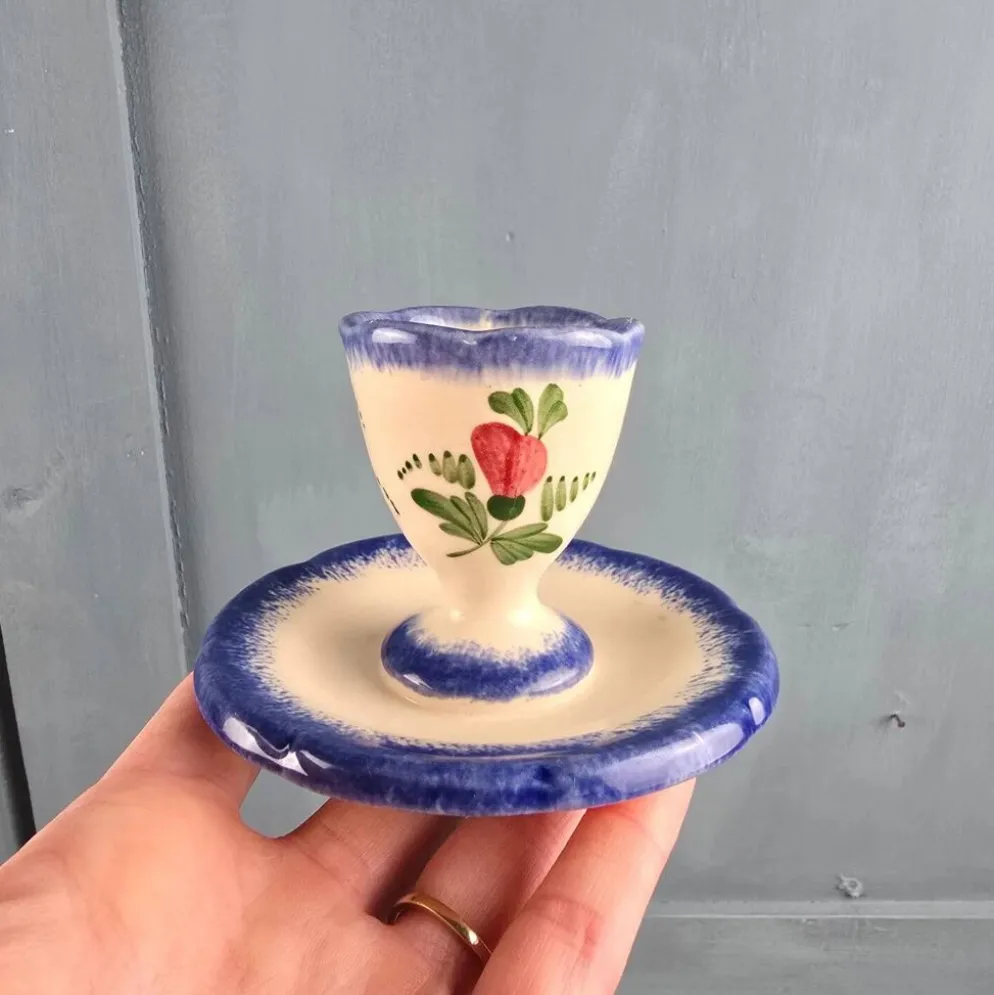 Coquetier vintage avec coupelle – Fait main – Décor floral bleu