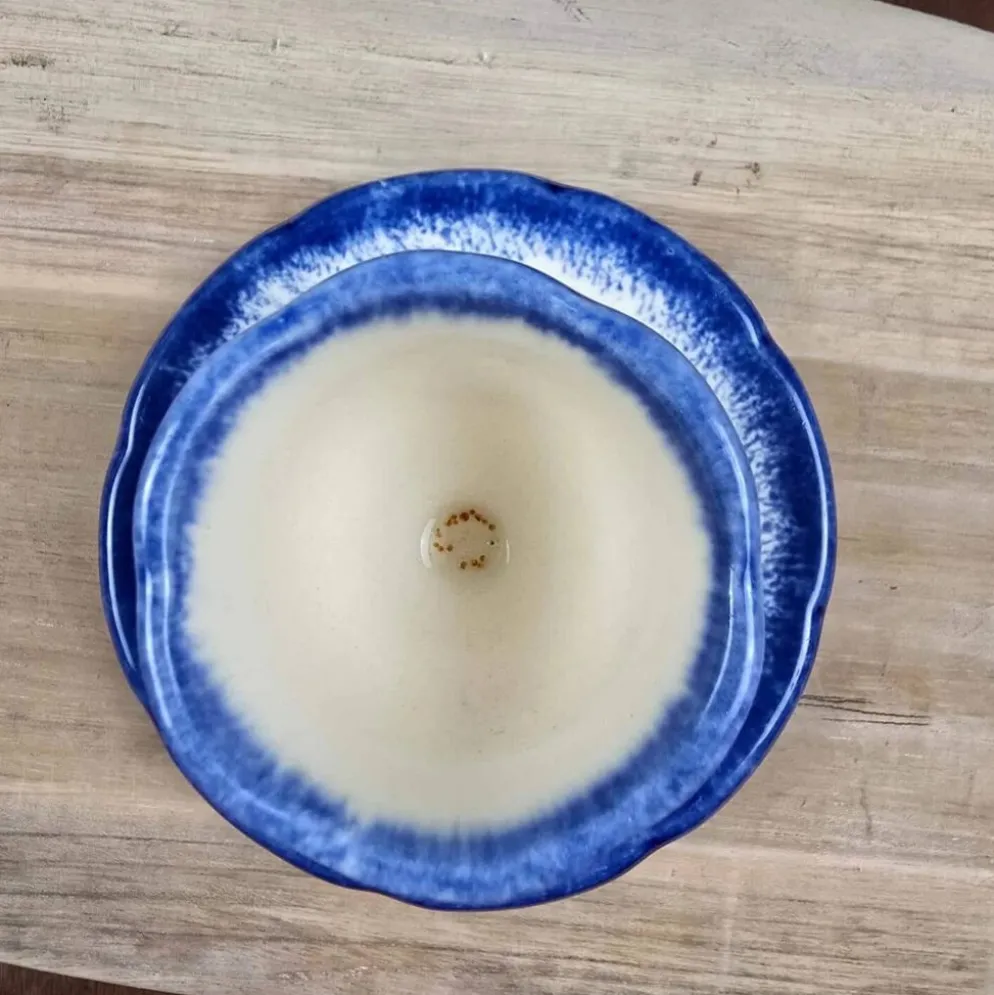 Coquetier vintage avec coupelle – Fait main – Décor floral bleu