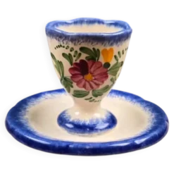 Coquetier vintage avec coupelle – Fait main – Décor floral bleu