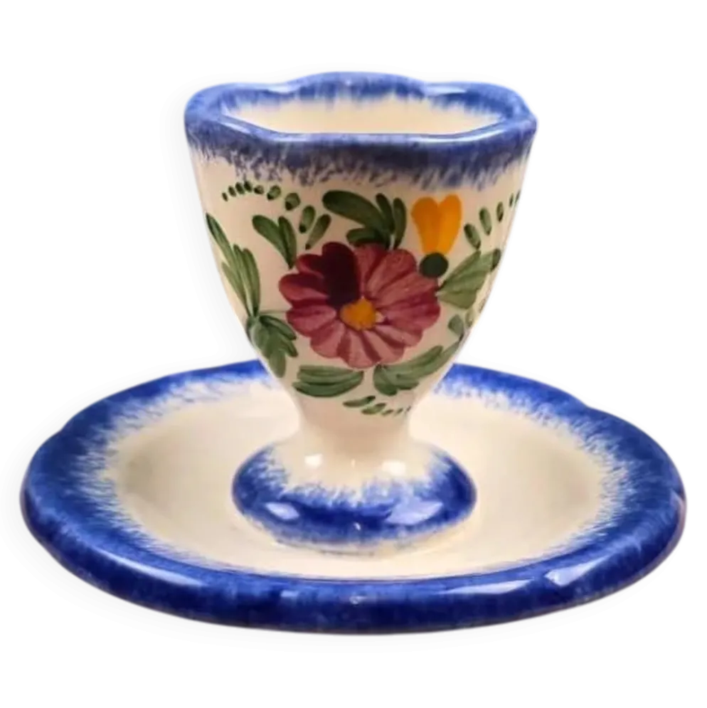 Coquetier vintage avec coupelle – Fait main – Décor floral bleu