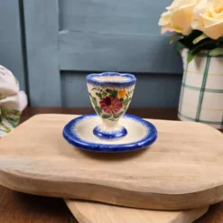 Coquetier vintage avec coupelle – Fait main – Décor floral bleu