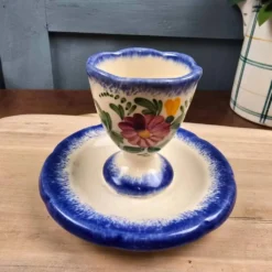 Coquetier vintage avec coupelle – Fait main – Décor floral bleu