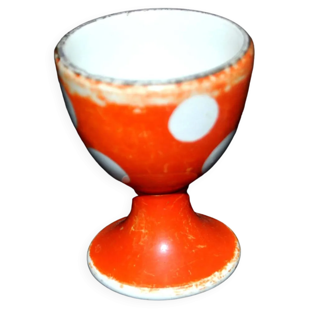 Coquetier vintage rouge à pois blanc en faïence de Sarreguemines H6.5cm
