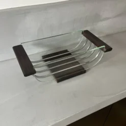 Corbeille à fruits, vide poche Art Déco en bois, verre et métal