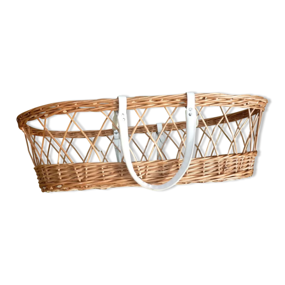 Couffin vintage en osier et rotin avec matelas et garnitures