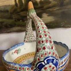 Coupe à fruits , anse tête d’oiseau HB Quimper faïence bretonne