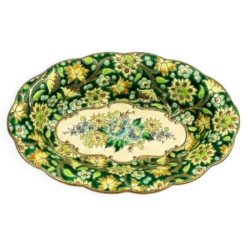 Coupe Longwy en émaux cloisonnés fond vert, décor floral polychrome et or