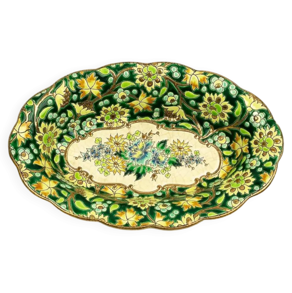 Coupe Longwy en émaux cloisonnés fond vert, décor floral polychrome et or