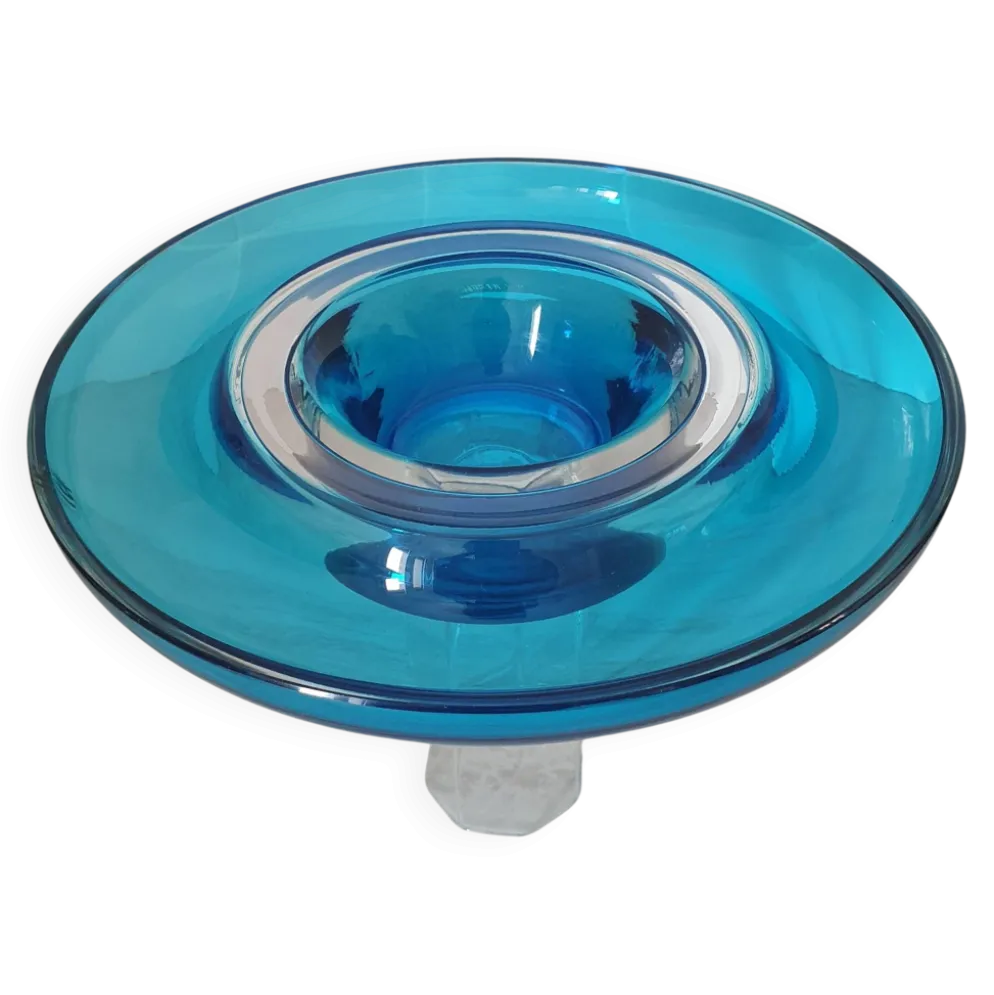 Coupe ronde en verre bleu Murano par Venini / signé
