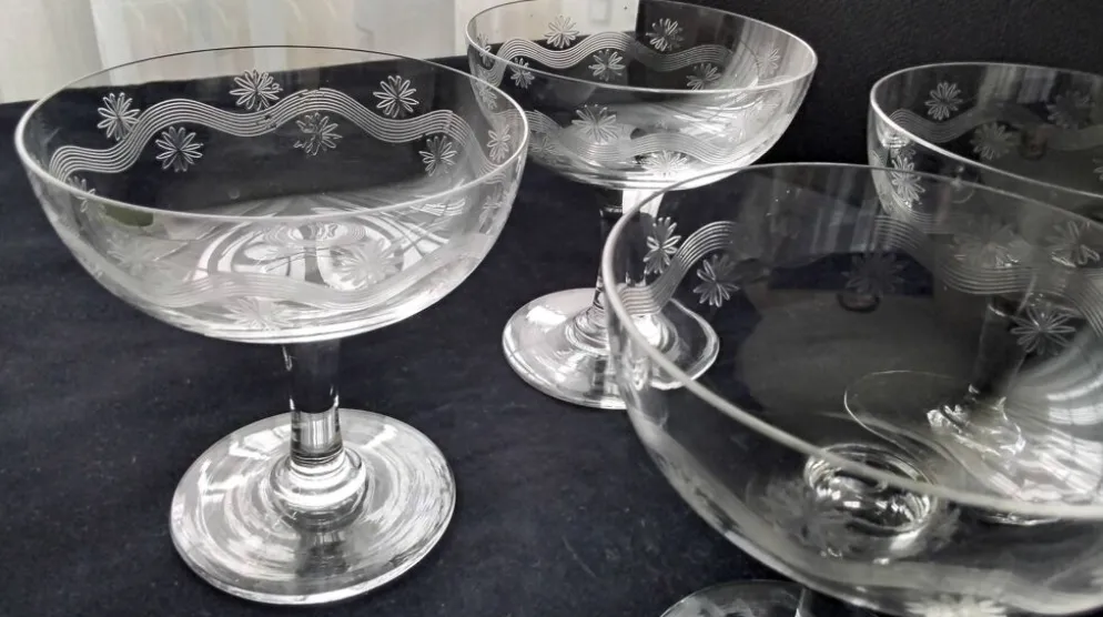 5 Coupes à champagne Vintage Décor meulé