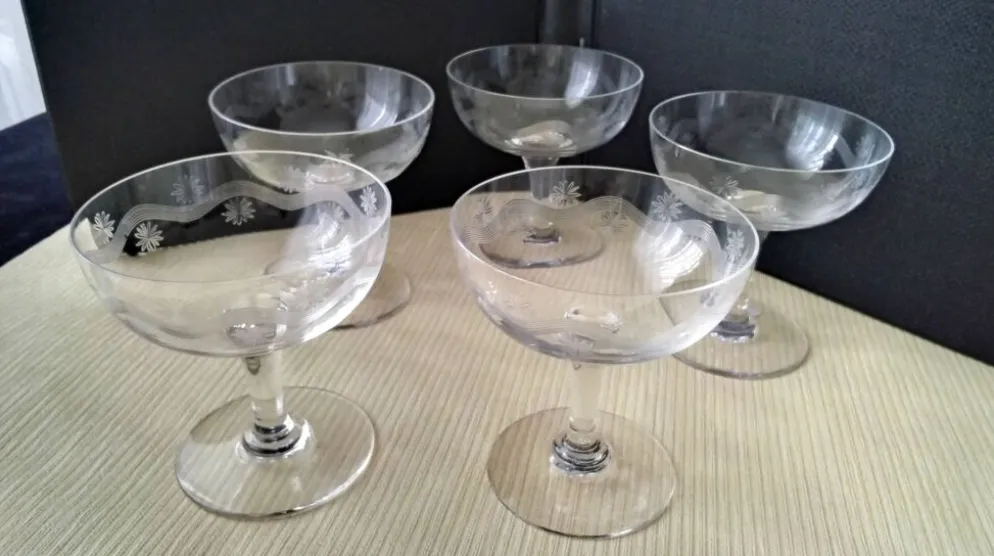 5 Coupes à champagne Vintage Décor meulé