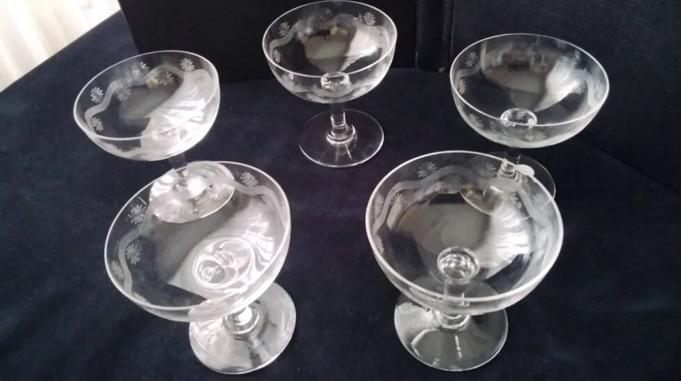 5 Coupes à champagne Vintage Décor meulé
