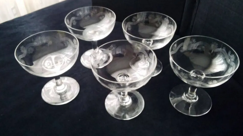 5 Coupes à champagne Vintage Décor meulé