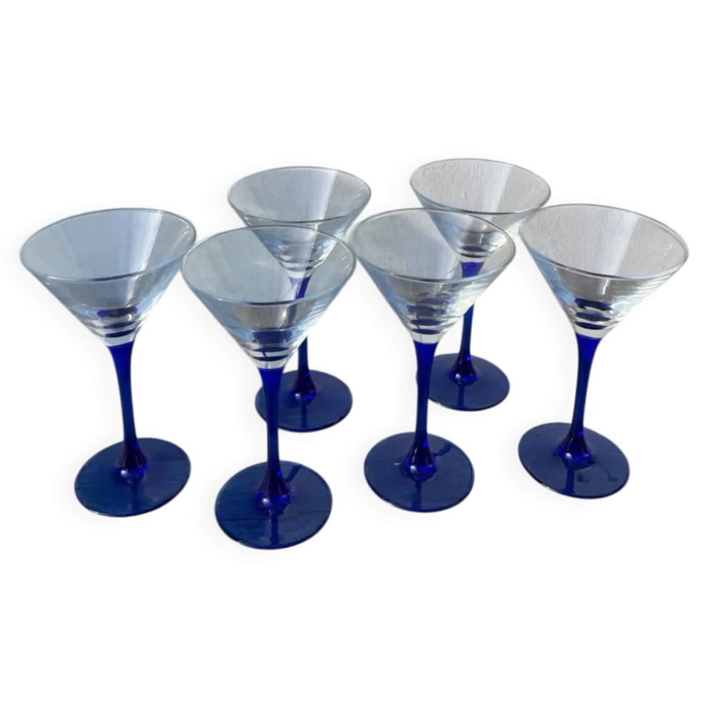 6 coupes à cocktails en verre bleu 1980