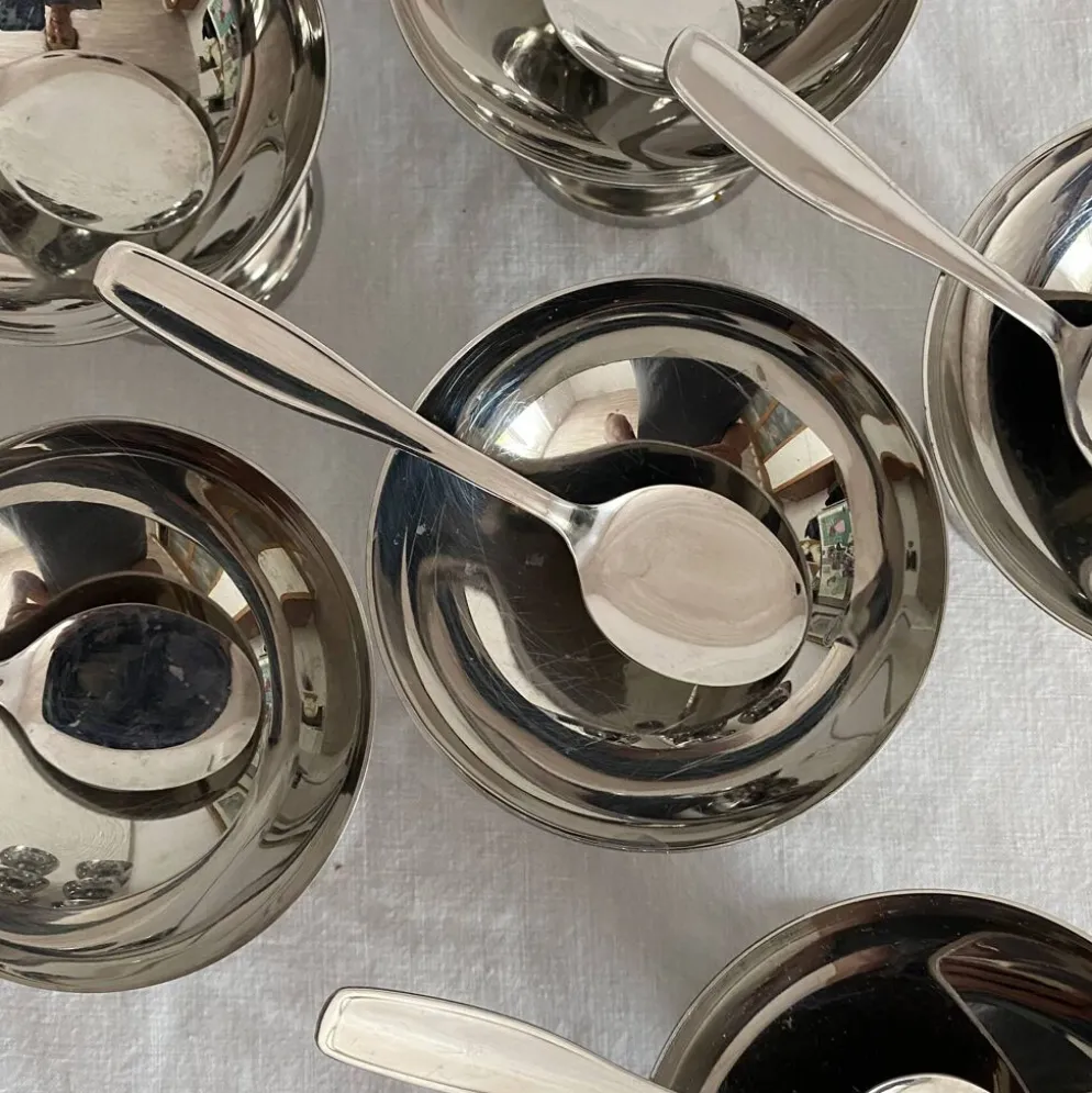 Coupes à glace en inox et cuillères,années 60-70 ,Boîtes d'origine