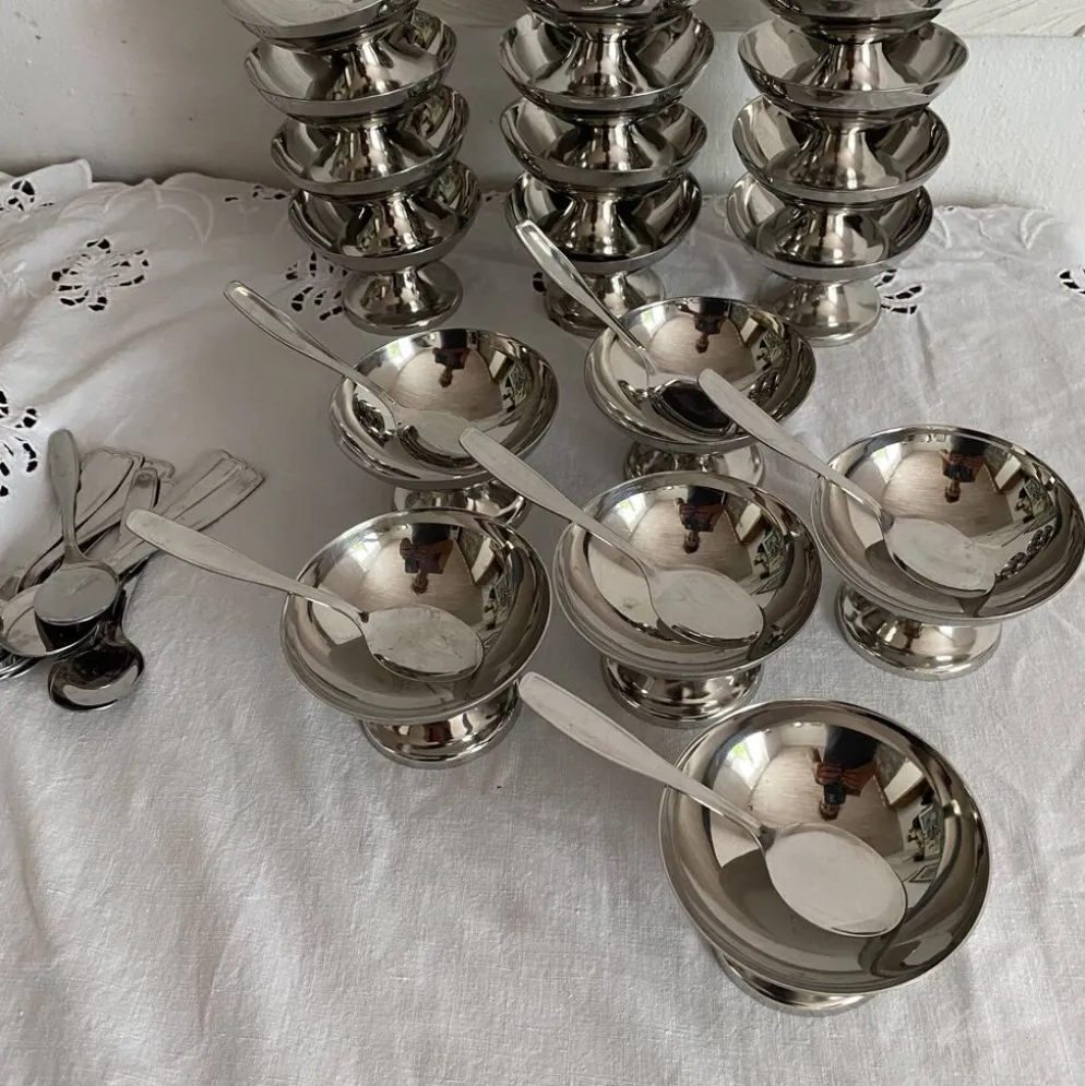 Coupes à glace en inox et cuillères,années 60-70 ,Boîtes d'origine