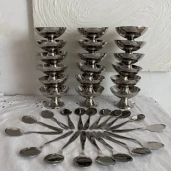 Coupes à glace en inox et cuillères,années 60-70 ,Boîtes d'origine