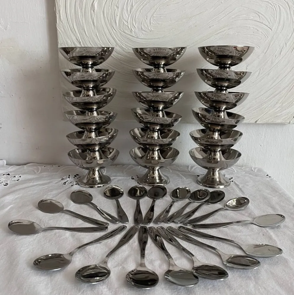 Coupes à glace en inox et cuillères,années 60-70 ,Boîtes d'origine