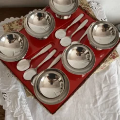 Coupes à glace en inox et cuillères,années 60-70 ,Boîtes d'origine
