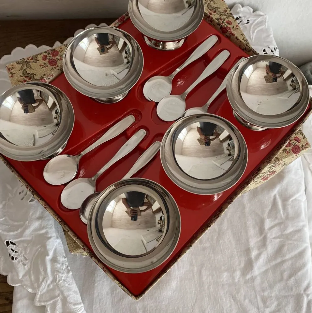 Coupes à glace en inox et cuillères,années 60-70 ,Boîtes d'origine