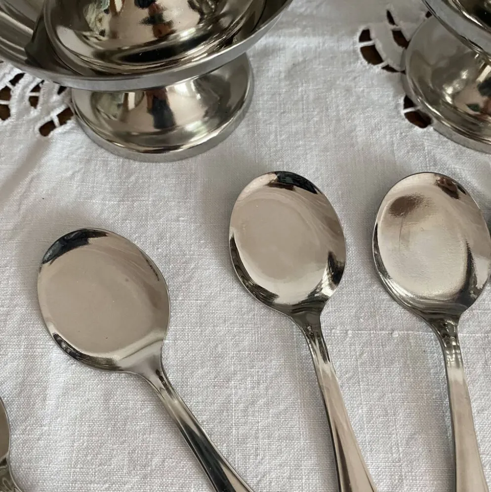 Coupes à glace en inox et cuillères,années 60-70 ,Boîtes d'origine